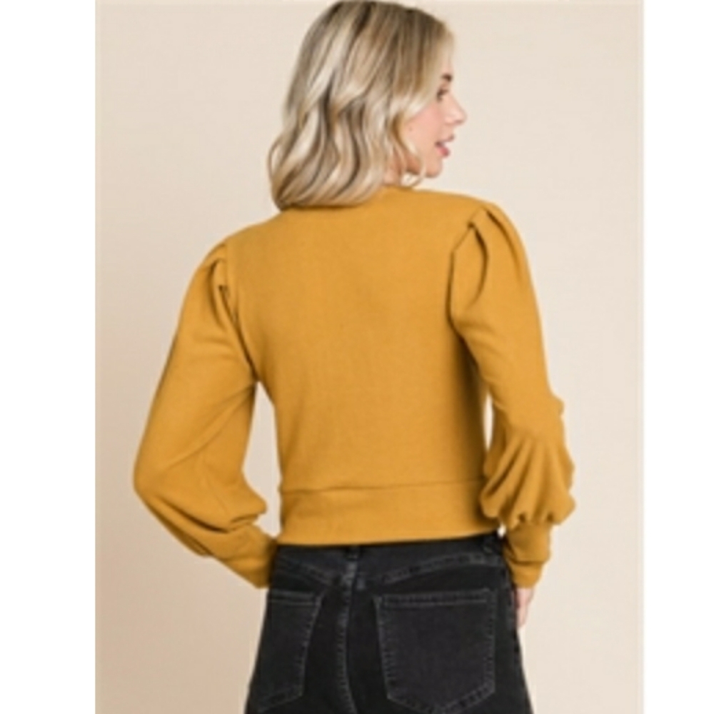 MUSTARD BUBBLE LONG SLEEVE CROP TOP  - Picture 2 of 4